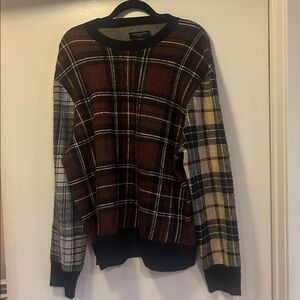 All Saints Men's Plaid Crewneck Sweater - Black, Brown, Cream size medium